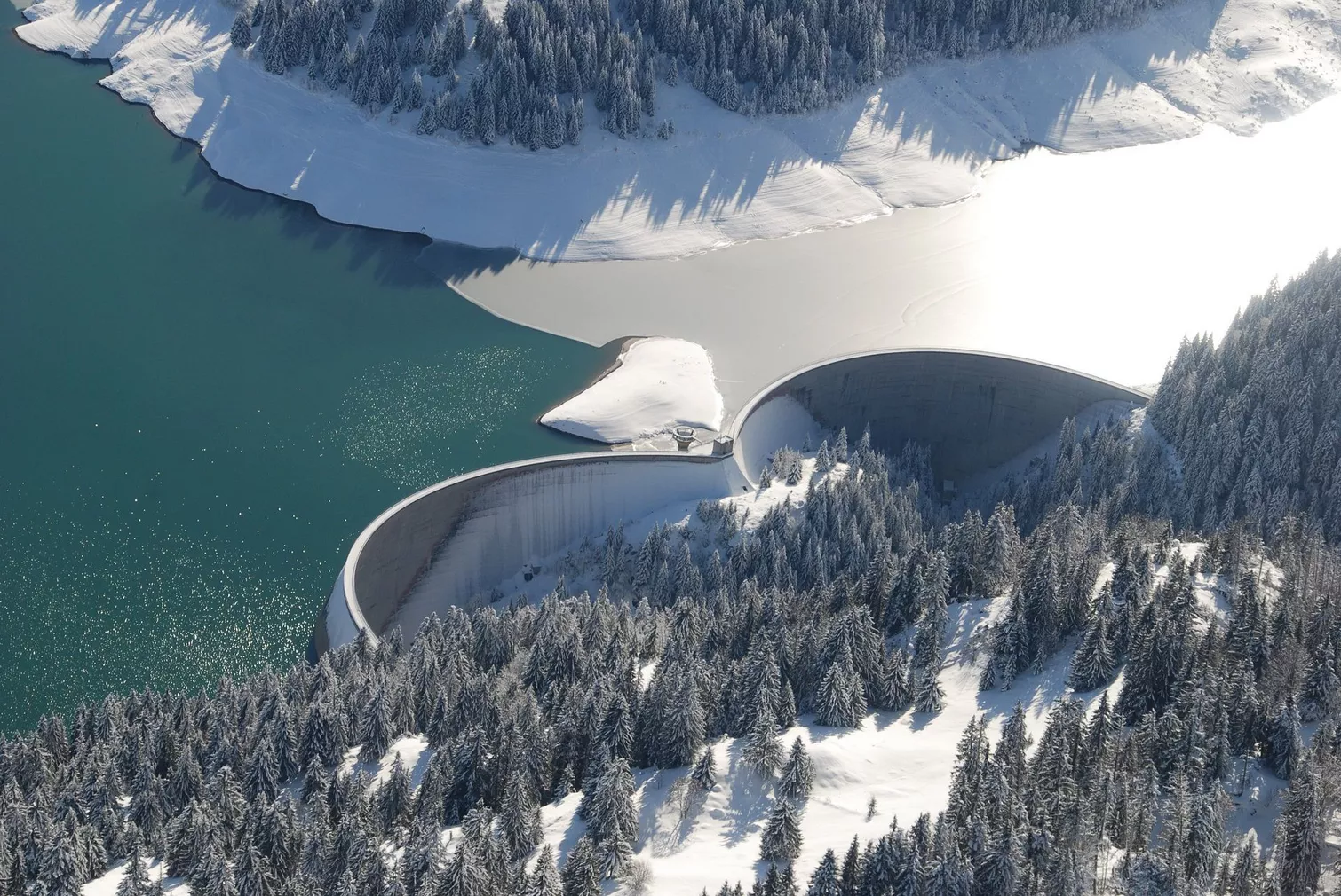 Aerial photo of Hongrin dam which forms the upper reservoir of the FMHL pumped storage project